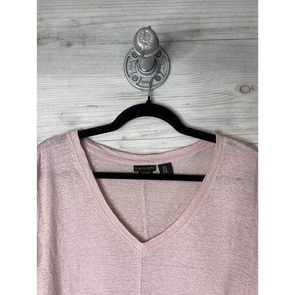 Tahari Shirt Womens 1X Pink 100% Linen V Neck Short Sleeve Lightweight Plus - Picture 2 of 10